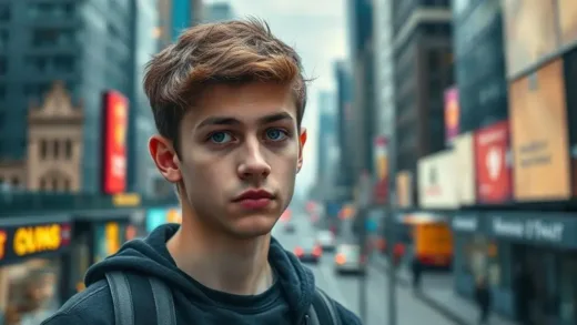 A young person looking thoughtful and slightly melancholic amidst a bustling, modern city backdrop, with faint, abstract visualizations of mental health statistics floating around them.