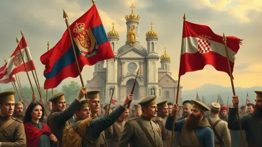 A historical illustration or painting depicting the complex ethnic and religious diversity within Yugoslavia, with symbolic representations of Serbian dominance and Croatian resistance, perhaps with King Aleksandar I in the background.