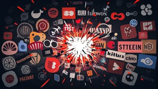 Dramatic illustration of traditional film studio logos clashing against a backdrop of digital streaming icons, symbolizing the ongoing battle in the media industry. Focus on dynamic tension and unexpected twists.