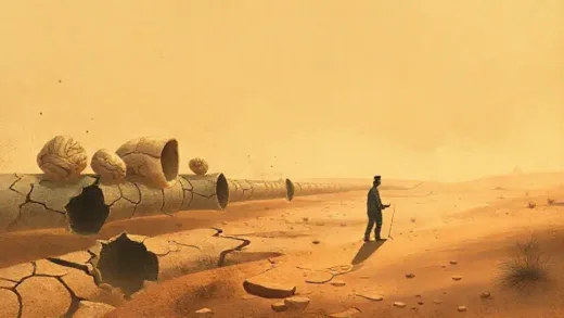 An abstract illustration depicting the evolution of money from shells to digital currencies, with cracked pipelines symbolizing inefficient traditional financial systems, and a man in a desert trying to send money via a slow, bureaucratic process. Warm, dusty tones.