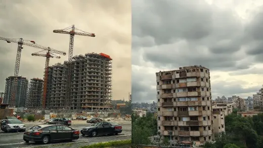A faded photograph of a bustling Spanish construction site from the early 2000s, with luxury cars parked nearby, contrasted with a modern, somewhat dilapidated apartment building in a Spanish city under a cloudy sky. The overall tone is cautionary.