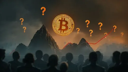A dramatic image of a bitcoin chart showing both peaks and recent dips, with question marks indicating uncertainty, perhaps with a background of concerned investors.