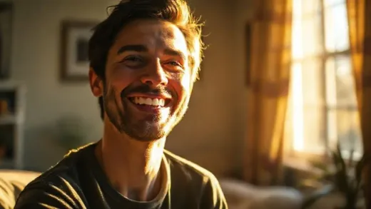 A person smiling, illuminated by warm morning sunlight filtering through a window. The room is cozy and inviting. Focus on a sense of peace and warmth.
