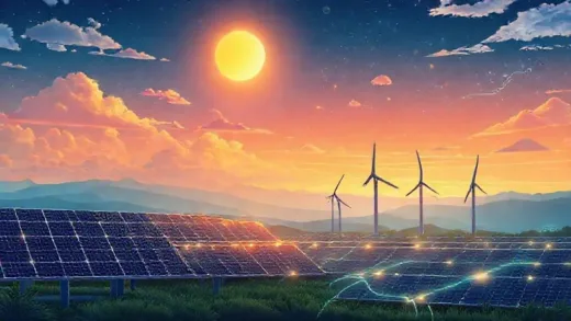 A vibrant illustration showing solar panels and wind turbines under a sunny sky transitioning to a night sky, with glowing energy lines connecting them to a futuristic energy storage concept, symbolizing the challenge of energy storage.