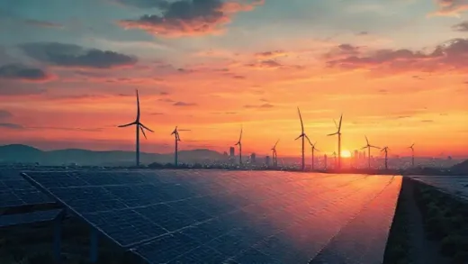 A futuristic illustration showing a solar panel farm and wind turbines at sunset, with city lights beginning to glow in the background, symbolizing the intermittency challenge of renewable energy.