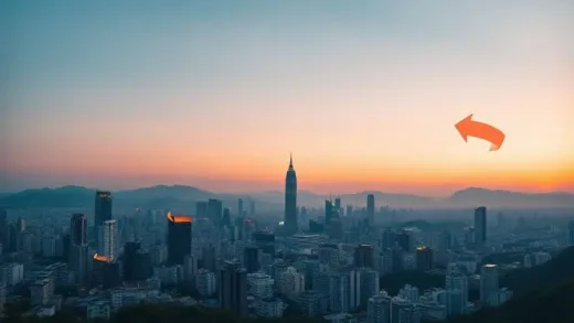 A panoramic view of Seoul's city skyline at dusk, with subtle arrows indicating market trends (up for prices, down for listings), and a visual representation of a pie chart showing the shift from jeonse to monthly rent.