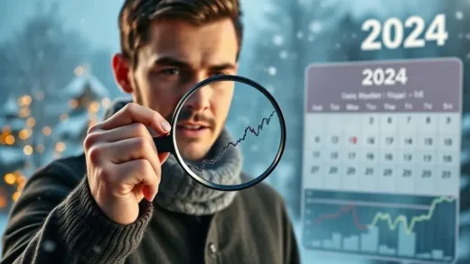 A person looking at a stock chart with a magnifying glass, showing upward and downward trends. In the background, a snowy festive scene indicating December and a calendar showing 2024. The overall mood is thoughtful and analytical, yet hopeful.