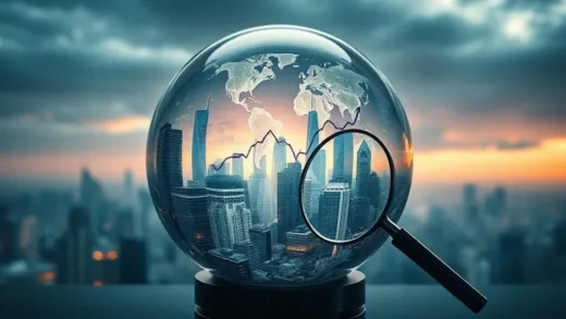 A futuristic crystal ball showing a complex, swirling image of city skylines, upward and downward trending graphs, and a magnifying glass, symbolizing the uncertainty and analysis of the 2026 real estate market. The overall tone is intriguing and slightly mysterious.