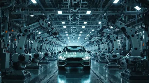 A dimly lit, futuristic car factory floor with advanced robotic arms, symbolizing the struggling German automotive industry. Focus on precision engineering amidst a sense of decline or uncertainty.