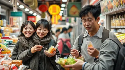 Tourists happily shopping and eating cheap food in Japan, while in the background, a Japanese local looks distressed at grocery prices, emphasizing the contrast between tourist perception and local reality.