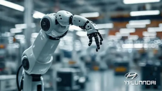 A sleek, futuristic robot arm performing delicate assembly, with a blurred background of a modern factory floor. In the foreground, a subtle hint of the Hyundai logo. The atmosphere is innovative and technological.