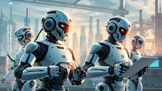 A dynamic image depicting robots working alongside humans in various futuristic settings, with a focus on seamless integration and advanced technology. The background should have elements of a cityscape and a factory. The overall tone should be optimistic and forward-looking.