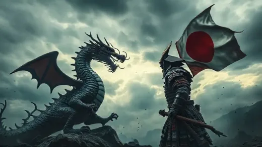 A dramatic, dynamic scene of two strong national symbols, perhaps a dragon and a samurai, facing off under a turbulent sky, with a sense of geopolitical tension.