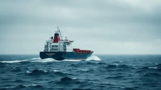 A stark contrast image showing a modern cargo ship navigating through rough seas, with a blurred background suggesting the vast, empty ocean, symbolizing the harsh reality of modern maritime trade and the threat of piracy. Emphasize a sense of vulnerability and isolation.