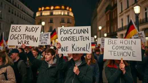 German teenagers protesting in the streets at night, holding signs against conscription revival. The atmosphere is energetic but peaceful. European city backdrop.