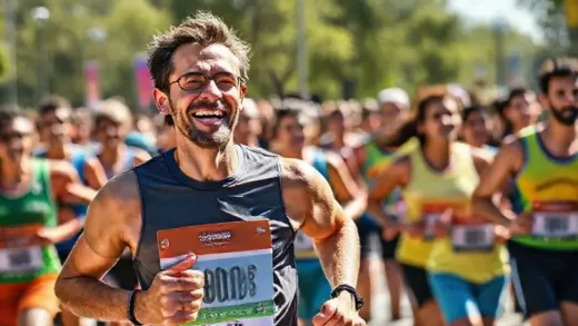 A runner smiling and laughing while running in a vibrant, sunny marathon with diverse people, challenging the stereotype of a grueling race. Cheerful atmosphere.