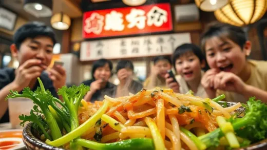 Vibrant image of a Japanese restaurant menu with 'Minari Samgyeopsal' highlighted, showing eager customers enjoying the dish, with a focus on fresh green minari.