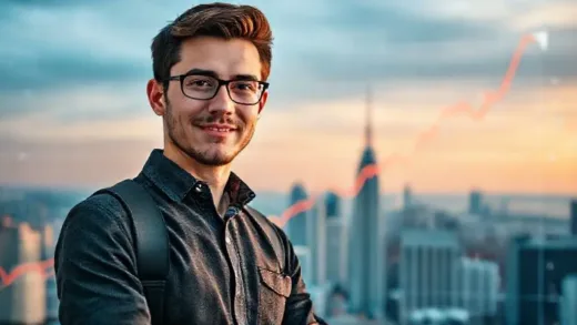 A young, confident investor standing in front of a digital stock chart, showing significant growth, with a cityscape in the background, representing financial success and early achievement.