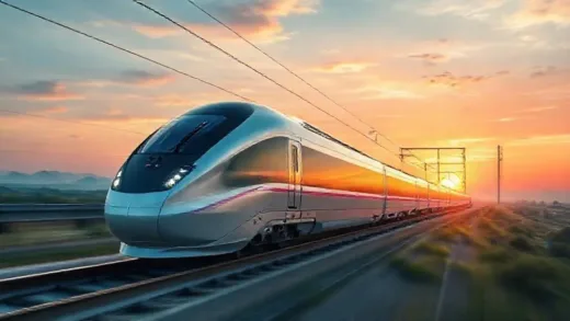 A modern, sleek high-speed train, a blend of KTX and SRT design elements, speeding through a futuristic landscape with a vibrant sunrise. The train embodies innovation and connectivity, with abstract lines representing new routes.