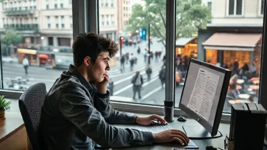 A young job seeker sitting at a desk, looking tiredly at a computer screen with a resume open, while outside the window, a bustling city street with people going to work and cafes full of customers represents a seemingly normal economy. The scene highlights the contrast between individual hardship and macro-economic indicators.
