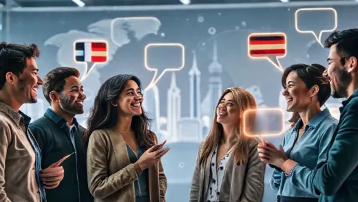 A diverse group of people from different countries happily conversing in a futuristic setting, with subtle glowing lines connecting their speech bubbles, symbolizing real-time translation. The background shows iconic global landmarks. Focus on communication and connection.