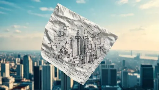 A stylized image of a crumpled napkin with intricate architectural or circuit designs sketched on it, contrasted with a gleaming modern city skyline in the background, symbolizing humble beginnings leading to grand empires.