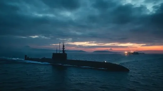 A dramatic aerial view of a dark, ominous North Korean submarine partially submerged near a serene coastline at dawn, with military searchlights scanning the water. The sky is a mix of deep blues and purples, hinting at the tension.