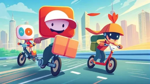 Dynamic illustration of delivery app icons (Baemin, Coupang Eats) in a competitive race, with city skyline in the background, vibrant colors, digital art style.