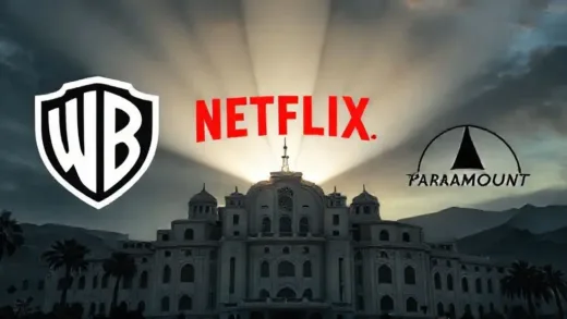 A dynamic image showing the logos of Warner Bros., Netflix, and Paramount clashing, with a spotlight on a majestic, old Hollywood studio building, representing a high-stakes corporate battle.