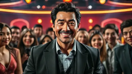 A charismatic and mysterious man (Nisei) with a confident smile, entering a vibrant dating show set, surrounded by curious and slightly nervous contestants. The atmosphere is tense and exciting, with a mix of anticipation and apprehension on the faces of the cast.