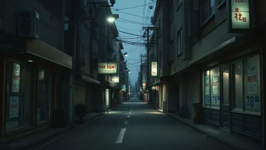 A quiet, dimly lit street in a Korean neighborhood at dusk, with several small shops having 'For Rent' signs on their windows, showing a subtle sense of emptiness and change. Soft streetlights illuminate the scene, casting long shadows.