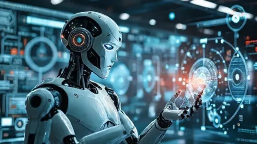 An advanced humanoid robot interacting with the real world, surrounded by complex digital interfaces representing its AI brain and world model, showing the integration of digital and physical realms. In a futuristic setting, depicting a blend of human and robotic elements working together.
