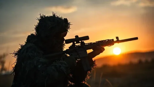 A dramatic, high-contrast image of a sniper in a Ghillie suit, silhouetted against a setting sun, with a bolt-action rifle in focus, emphasizing precision and legend.