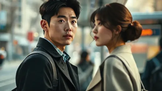 A man (Eunwoo) is standing at a bus stop, his gaze fixed on a beautiful woman. The scene is slightly blurred around the edges, emphasizing the woman, with a soft, warm light suggesting a moment of wonder. The background shows a typical city bus stop with other blurry figures.