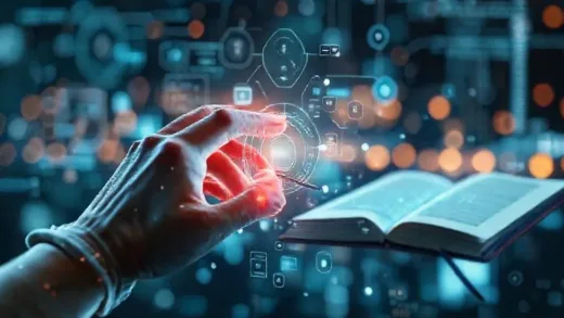 A futuristic, slightly abstract image showing a blend of human hands interacting with digital interfaces and analog objects like knitting needles or a book, symbolizing the coexistence of AI and human authenticity in a changing world. Use a clean, modern aesthetic with a hint of warm, human touch.