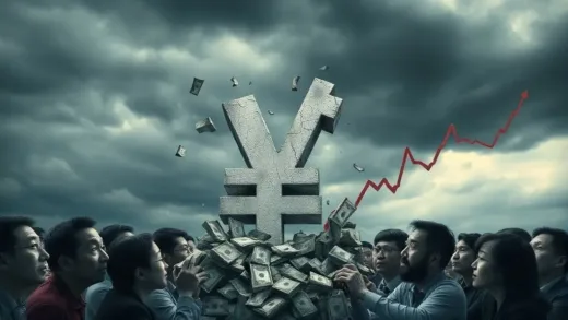 A crumbling currency symbol of Korean Won, surrounded by worried faces looking at a rapidly falling graph, with a dark, stormy sky in the background, symbolizing an economic crisis.