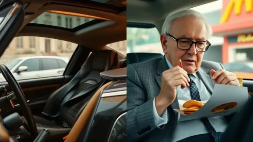 Split image: On one side, a luxurious scene from a drama with a chauffeur, designer clothes, and supercars. On the other side, a simple, everyday scene of a famous billionaire like Warren Buffett eating a McDonald's breakfast, illustrating the stark contrast.