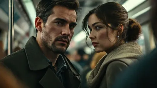 A man and a woman in a crowded public transport setting, their gazes almost but not quite meeting. There's a subtle hint of melancholy and recognition. Soft, warm lighting.