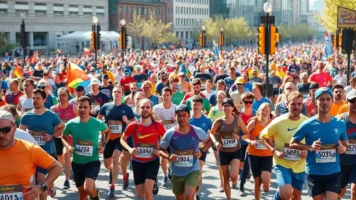 A vibrant, energetic scene of diverse runners participating in a large city marathon, conveying excitement and a sense of community, bright daylight.