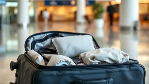 A neatly packed, lightweight travel suitcase with a few essential items visible, reflecting smart and minimalist packing for a refreshing journey. The background shows a blurry airport or resort lobby.