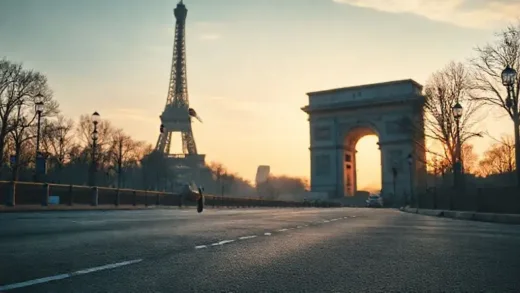 A dynamic shot of a runner at dawn, with famous Parisian landmarks like the Eiffel Tower and Arc de Triomphe subtly visible in the soft morning light. The streets are empty and peaceful, highlighting a sense of solitude and freedom.