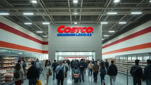 A large, modern Costco store in Japan with many Japanese shoppers entering, contrasting with empty, abandoned large foreign supermarkets in the background. Emphasize the bustling activity at Costco and the desolate feeling of the others. Dynamic shot with bright lighting for Costco, gloomy for others.