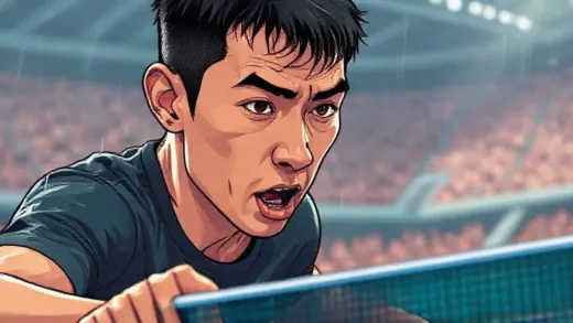 A dynamic illustration of a table tennis player in a decisive moment, sweat dripping, focused eyes, with a faint halo of "One More" energy surrounding him. The background is a blurred stadium, emphasizing personal effort.