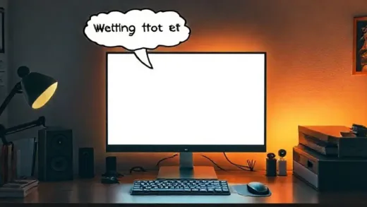 A digital artist's workspace with a blank screen, waiting for input. A thought bubble above the screen shows 'Waiting for text input'. The desk is neat and organized, with a keyboard and mouse, illuminated by a warm, inviting light. In a friendly and approachable style.