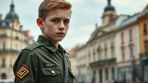 A thought-provoking image showing a young person looking at a military uniform, with European city background, representing conflict between individual freedom and national duty.