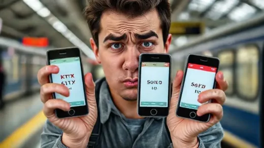 A frustrated person holding two smartphone apps, one for KTX and one for SRT, both showing "Sold Out" messages, with a train station background. The image should convey a sense of difficulty and inconvenience in booking train tickets.