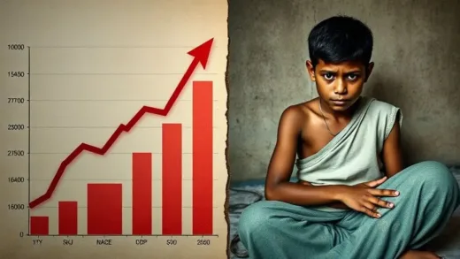 A divided image showing, on one side, a graph of Sri Lanka's economic indicators (GDP, currency value) rising, and on the other side, a sad or struggling Sri Lankan family in a poor living condition. The overall mood is paradoxical and questioning.