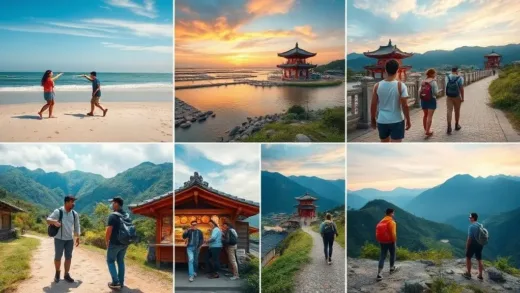 A collage of diverse Korean travel scenes, including a couple walking on a beach, friends enjoying street food in a traditional village, and a family hiking a scenic mountain trail, all under a vibrant sky.