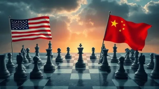 A dramatic image depicting a geopolitical chessboard with US and Chinese flags, and AI chips (like H200) as key pieces, hinting at complex strategies.