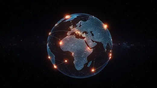 A stylized globe with glowing points representing AI data centers, semiconductor factories, and cloud companies, set against a dark, starry background. The points are connected by faint, futuristic lines, creating a new "constellation" of technology.